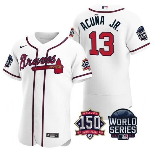Men's White Atlanta Braves #13 Ronald Acuna Jr. 2021 World Series With 150th Anniversary Patch Stitched Baseball Jersey